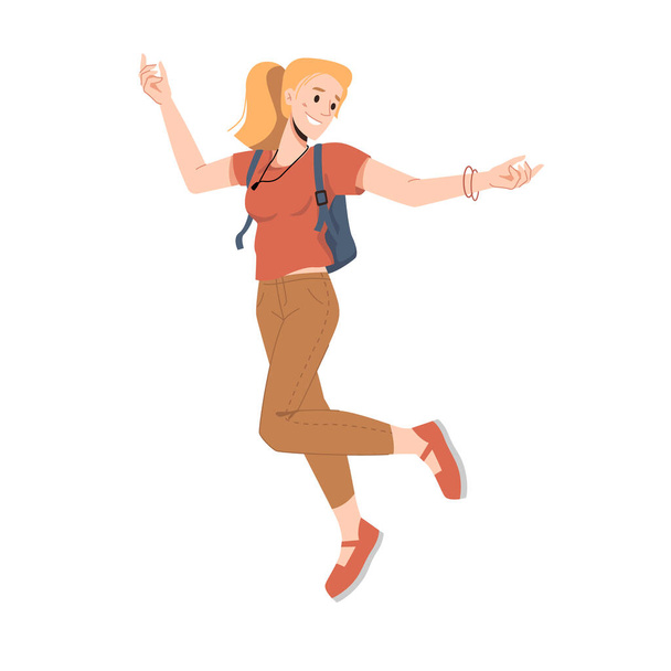 Blonde woman with backpack jump or leap, hands up - Vector, Image