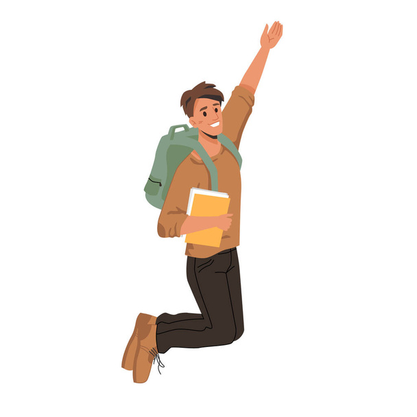 Smiling guy in sweater with book jumps, fist up - Vector, Image