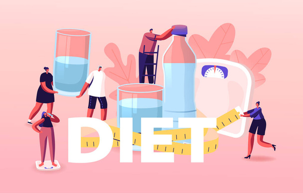 Diéta koncepció. Férfi és női karakterek Élvezi az egészséges életmód és az élelmiszer. Sportos emberek ivás friss víz poszter - Vektor, kép