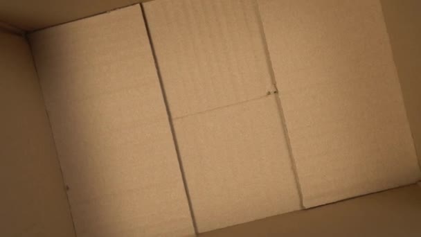 Doručovací kartonová krabice zevnitř zblízka. Prázdný otevřený balíček. Hnědé záhyby. Pohled shora. Pomalá rotace - Záběry, video