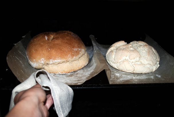 Bir kadının eli fırından iki çeşit ev yapımı ekmek çıkarır. Normal buğday ekmeği ve tapyoka, pirinç unu ve mısır nişastasından yapılan glütensiz ekmeğin karşılaştırılması. - Fotoğraf, Görsel