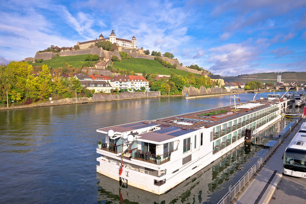 Main river cruise ship in town of Wurzburg view, Germany tourism in Bavaria - Photo, Image
