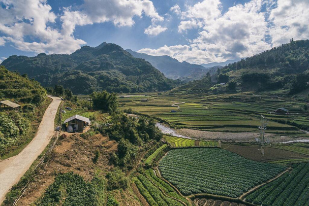 Rijstvelden, rijstterras Paddy in Sa Pa Lao Cai Vietnam Azië Luchtfoto Vie - Foto, afbeelding