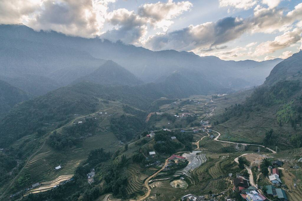 Rice Fields, Rice terrace Paddy in Sa Pa Lao Cai Βιετνάμ Ασία Aerial Drone Φωτογραφία Vie - Φωτογραφία, εικόνα