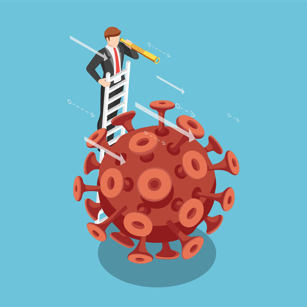 Flat 3d Isometric Businessman with Telescope on The Ladder Looking Forward Over Covid-19 Virus. Business Vision After Covid-19 Virus Situation Concept. - Vector, Image
