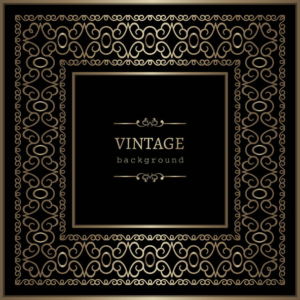 Vintage gold square frame with lace border pattern on black background, elegant golden decoration for certificate decor or wine label design. Place for text. - Vektor, obrázek