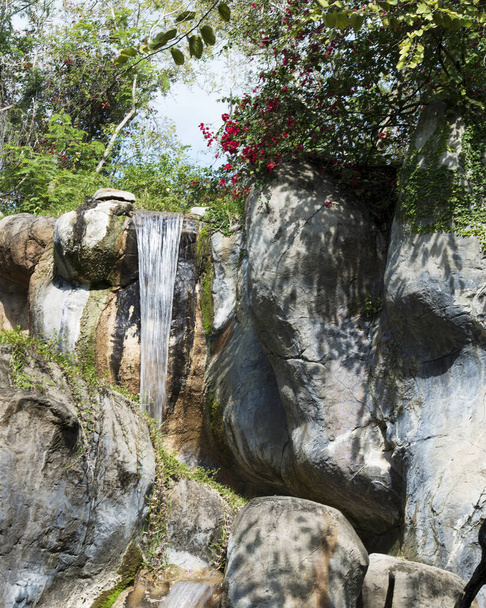 Krajobraz wodospadu od matki natury w całym jej pięknie. Wodospad, skały, drzewo, drzewa kwiatowe, bieżąca woda, liście. - Zdjęcie, obraz