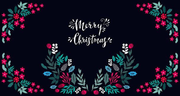 Happy Merry Christmas lettering Template  Christmas  card with   flowers wreath, frames. Festive christmas  background  Unique  handrawn  winter design for creeting cards, invitation  Vector illustration - ベクター画像