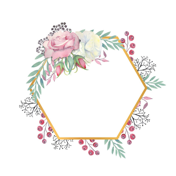 White and pink roses flowers, green leaves, berries in a gold polygonal frame. Wedding concept with flowers. Watercolor compositions for the decoration of greeting cards or invitations. - Valokuva, kuva