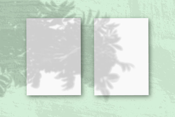2 κάθετα φύλλα λευκού χαρτιού σε μαλακό πράσινο φόντο τραπεζιού. Mockup με μια επικάλυψη των σκιών των φυτών. Το φυσικό φως ρίχνει σκιές από ένα κλαδί Ρόουαν. Οριζόντια κατεύθυνση. - Φωτογραφία, εικόνα