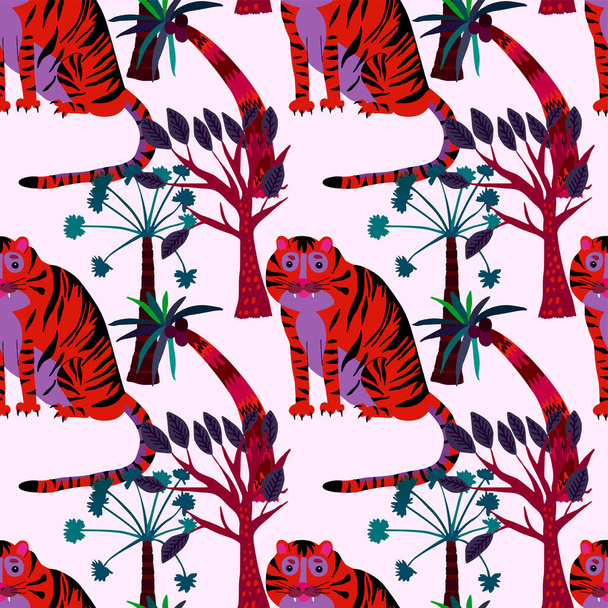 熱帯林の虎との創造的なシームレスなパターン。どんな目的のための明るい夏の印刷。流行のスタイル. - ベクター画像