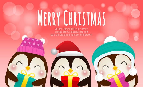 Merry Christmas and Happy new year poster, Group of happy penguin wearing christmas hats santa claus with Christmas gifts in snow scene winter banner, Xmas holiday party concept vector illustration - Vector, Image