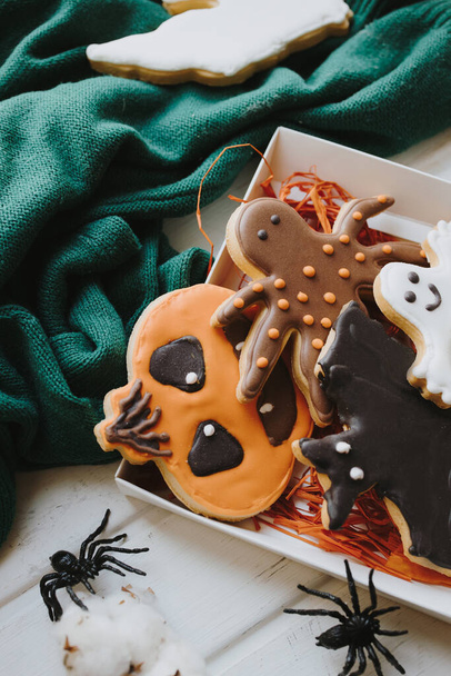 Homemade Halloween cookies,  Pumpkins with bats spider and ghost, mystic holiday - Φωτογραφία, εικόνα