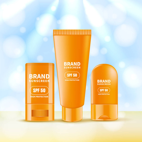 Sunscreen and sunblock cream and stick. Vector realistic 3d illustration of sun protection cosmetics. Summer scincare beauty product collection. Cosmetic packaging mockup design template. - Vector, Image