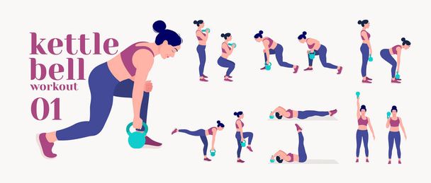 Foam Roller Workout. Vrouwen oefenen vectorset. Vrouwen die fitness en yoga oefeningen doen. Lunges, Pushups, Squats, Dumbbell rijen, Burpees, Side planks, Glute brug, Leg Raise, Russische Twist .etc - Vector, afbeelding