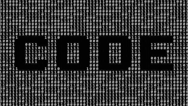 CODE - надпись, вырезанная как часть бинарного кода экрана, состоящего из серых цифр на черном фоне - 3D иллюстрация - Фото, изображение