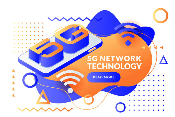 5G network wireless internet technology poster, banner design template. Smartphone with letters 5g, vector 3d isometric illustration. High-speed mobile internet connection modern business concept. - Vector, Image