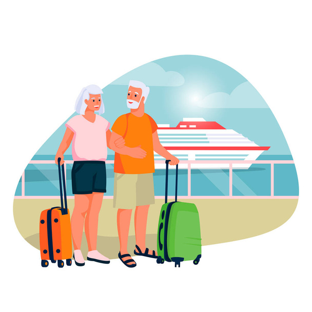 Starsza para wybiera się na rejs statkiem. Wektor płaska kreskówka ilustracja turystyki i wakacje dla seniorów i emerytów. - Wektor, obraz
