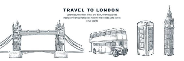 ロンドンへの旅行手描きのデザイン要素。ビッグベン、タワーブリッジ、電話ブース、ダブルデッキバスのベクトルスケッチイラスト。白い背景に隔離された英国の有名なシンボル. - ベクター画像