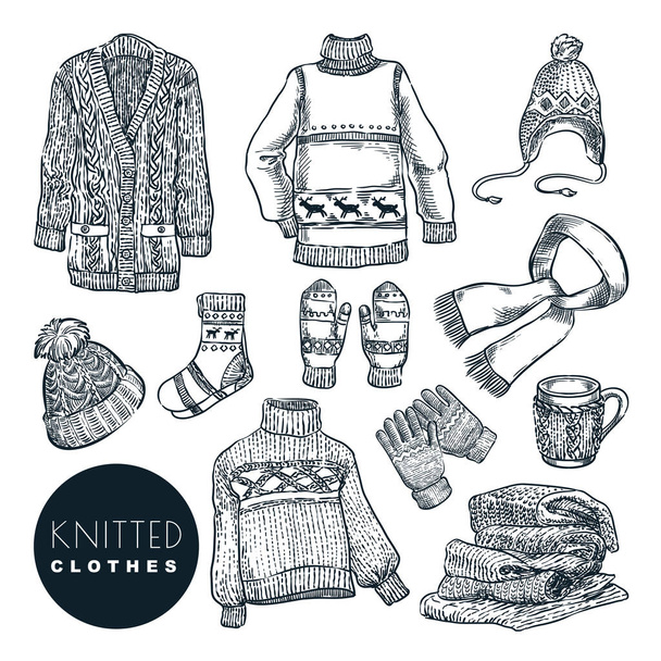 Πλεκτά χειμωνιάτικα και φθινοπωρινά ρούχα σε λευκό φόντο. Εικονογράφηση σκίτσο με διάνυσμα. Πτώση χειροποίητα ρούχα μόδας μαλλί και αξεσουάρ. - Διάνυσμα, εικόνα