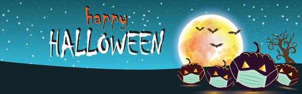 Halloween pumpkins Wearing a medical mask. and a big moon. on the blue sky background, for Web Banner Design, Banner background. Happy Halloween concept. During the COVID-19 outbreak control period. - Vector, Image