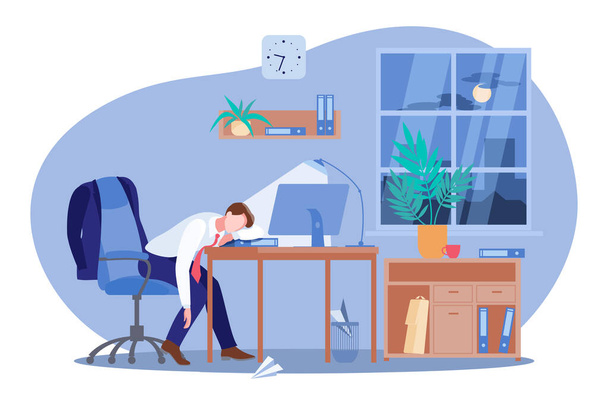 Tired freelancer or business man sleeping at the computer desk in dark office. Vector flat cartoon illustration. Workaholic, work stress and fatigue concept. - Vector, Image