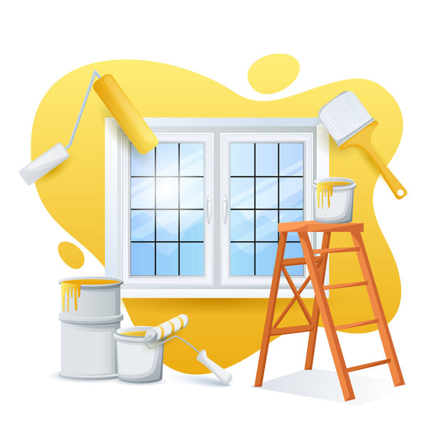 Renovation and painting house concept. Vector flat cartoon illustration. Ladder, paint cans, roller, paintbrush on yellow color painted wall background. Works of home repair. - Vector, Image