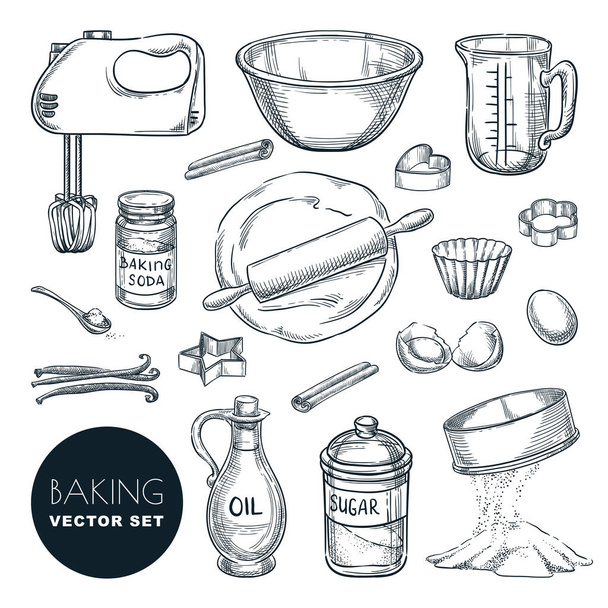Pečení ingrediencí a kuchyňské nádobí ikony. Vektorový ručně kreslený náčrt. Sada prvků pro vaření a design receptu, izolované na bílém pozadí. - Vektor, obrázek