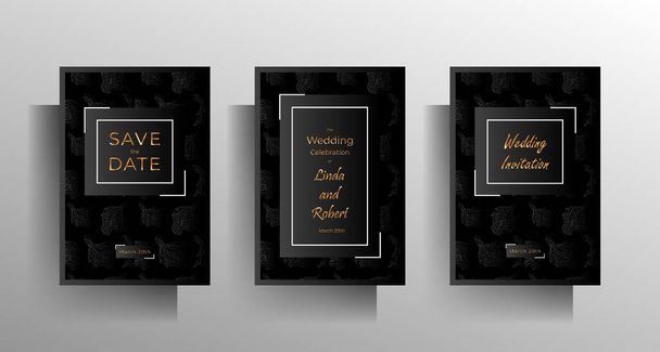 Wedding invitation template set. Austere, elegant design in black tones with a hand-drawn floral pattern. 10 EPS vector . - Vector, Image