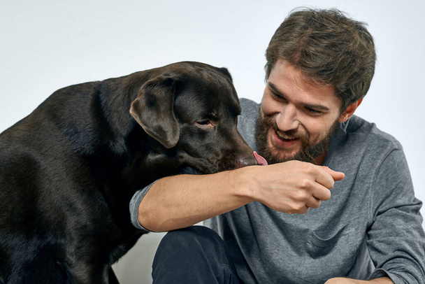 Άντρας ιδιοκτήτης παίξει με το σκυλί στον καναπέ κατάρτισης διασκέδαση φως δωμάτιο φίλους κατοικίδιο ζώο - Φωτογραφία, εικόνα