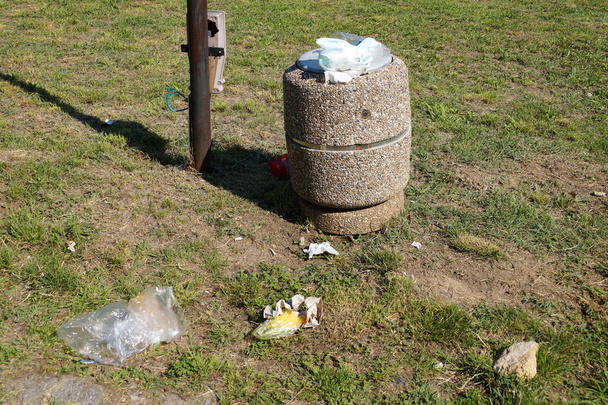 basura tirada en la hierba junto a un cubo de basura lleno en un parque de verano - Foto, imagen