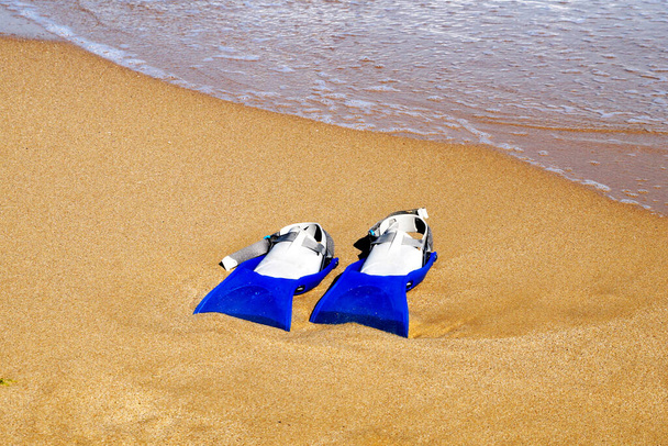 flippers a homokon háttal a tenger, másolás tér - Fotó, kép