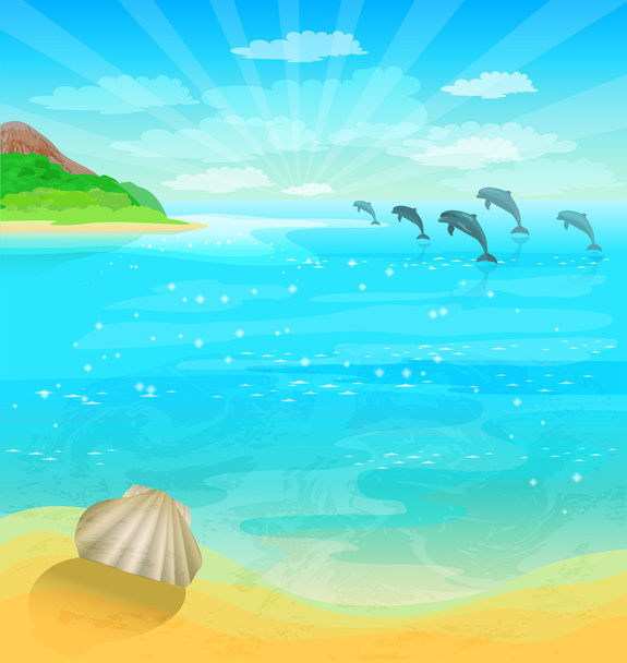 Seascape with dolphins and sea shell - Vector, Image