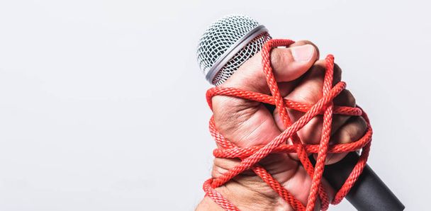 Hand holding microphone and have roped on fist hand on white background, Human rights day concept - Φωτογραφία, εικόνα
