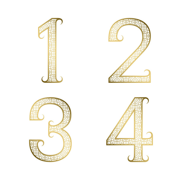 One, two, three, four golden ornamental numbers with flourishes. Decorative patterned vintage font. - Vector, Image