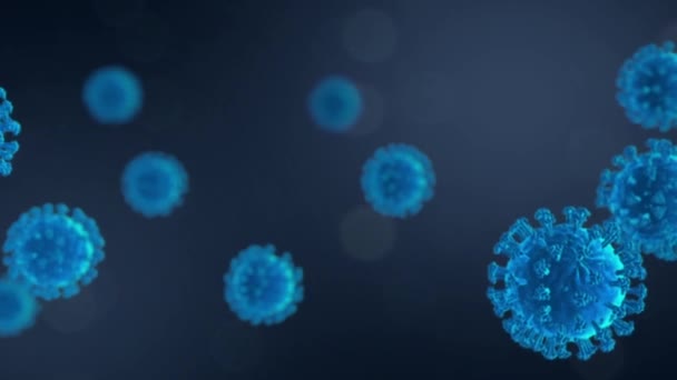 Corona Virus Disease COVID-19 Κοντινό πλάνο 3D animation μπλε χρώμα με βάθος πεδίου σκούρο μαύρο φόντο για την εκπαίδευση παγκόσμια πανδημία - Πλάνα, βίντεο