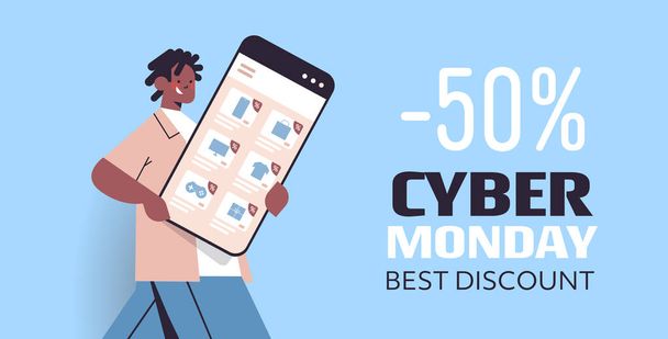 man holding smartphone online shopping cyber monday big sale holiday discounts e-commerce - Vector, afbeelding