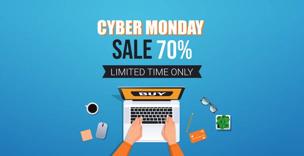 hands using laptop online shopping cyber monday sale holiday discounts e-commerce concept - Vettoriali, immagini