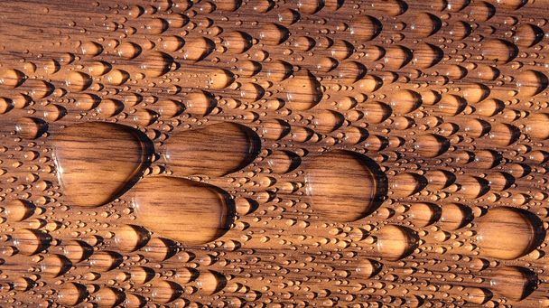 Woda z koralików na powierzchni ciemnego drewna - Zdjęcie, obraz