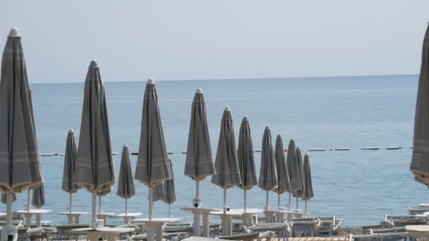 Порожній пляж на узбережжі морського курорту, одинокі сонячні салони і парасольки біля пляжу, розірвані з пляжного курорту через covid 2019, coronavirus, карантин, Адріатичне море, Чорногорія - Кадри, відео