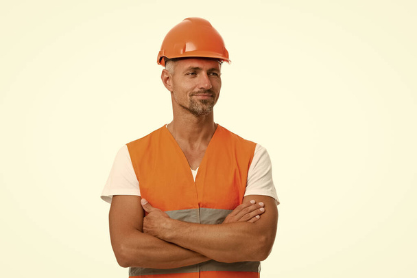 Building design. Design architect. Design future. Mature man in helmet. Works at building site. Builder in protective vest and helmet. Construction worker isolated white. Engineering for better life - Φωτογραφία, εικόνα
