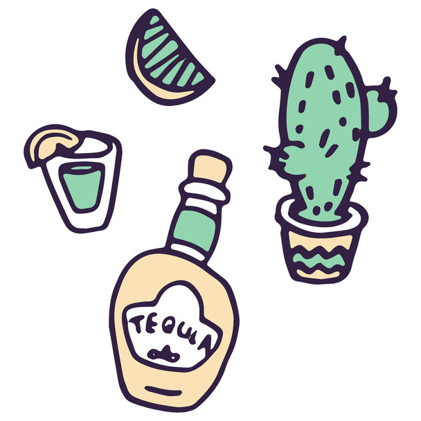 Tequila výstřel a kaktus na bílém izolovaném pozadí. Den mrtvého symbolu pro pozvánku nebo dárkový poukaz, zápisník, koupelové dlaždice, výstřižek Pouzdro na telefon nebo potisk látky Doodle styl stock vektorové ilustrace - Vektor, obrázek