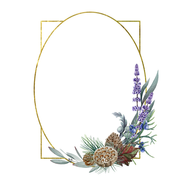 Virágos szezonális téli keret akvarell illusztráció. Kézzel rajzolt rusztikus erdei dekoráció fenyővel, levendulával, eukaliptusz levelekkel, tobozzal és száraz lótusszal. Ünnepi dekoráció arany fehér háttér - Fotó, kép