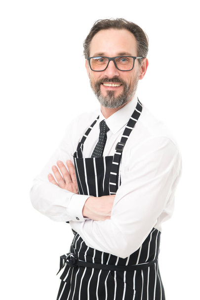 feeling confident in apron. bearded man baker in glasses. catering business. mature male cook isolated on white. confident chef in apron. cooking in kitchen. confident and successful chef smiling - Zdjęcie, obraz