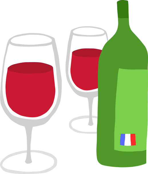Bottle of French Wine and Two Glasses - Vector, Image