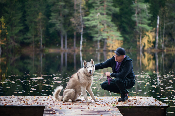 美しい湖、秋の気分の桟橋に空の犬を持つ男。若い男は自然に犬を訓練する - 写真・画像