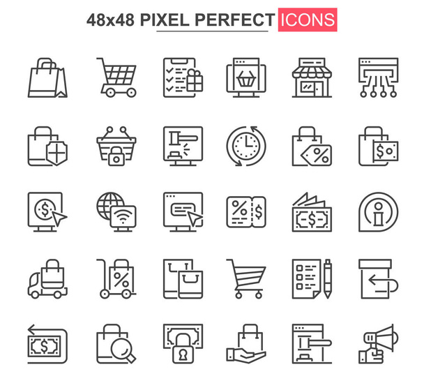 E-kereskedelem vékony vonalú ikonok beállítva. Online vásárlás, internetes piactéren egyedi design ikonok. Ügyfélszolgálat, rendelési és szállítási szolgáltatás vázlatos vektorcsomag. 48x48 pixel tökéletes lineáris piktogram csomag - Vektor, kép