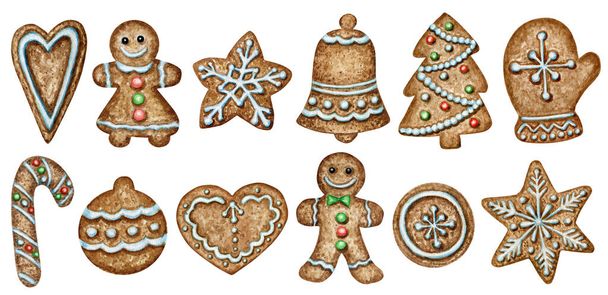 Christmas gingerbread cookies set, mitten heart bell winter holiday sweet food. Watercolor illustration isolated on white background. Xmas gift and tree decorations. Greeting card design concept - Photo, Image