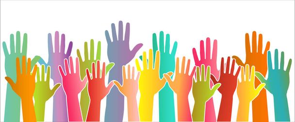 Kolorowi ochotnicy trzymają ręce odizolowane na białym tle. Podniesione sylwetki dłoni, kolorowe ilustracje do głosowania. Praca zespołowa, współpraca, głosowanie, wolontariat. - Wektor, obraz
