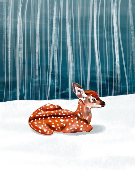 С рождественской открыткой, которую нужно заполнить. На зимнем фоне леса: маленький оленёнок лежит, не украшенный, лежит на снегу. Акварель Бемби. - Фото, изображение